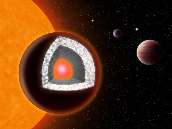 An illustration of 55 Cancri e shows a surface of mostly graphite surrounding a thick layer of diamond. Illustration courtesy Haven Giguere, Yale