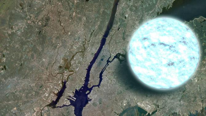 This an infographic of a neutron star, compared to the size of Brooklyn, NY. 300, 000 Earths can fit in its volume.